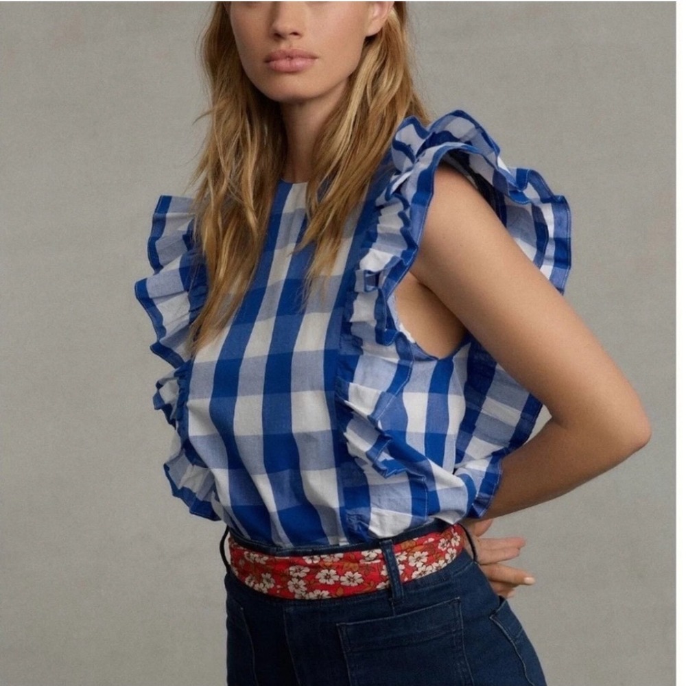 Whit Two Anthropologie Blue Gingham Ruffle Sleeveless Button Back‎ Blouse Medium